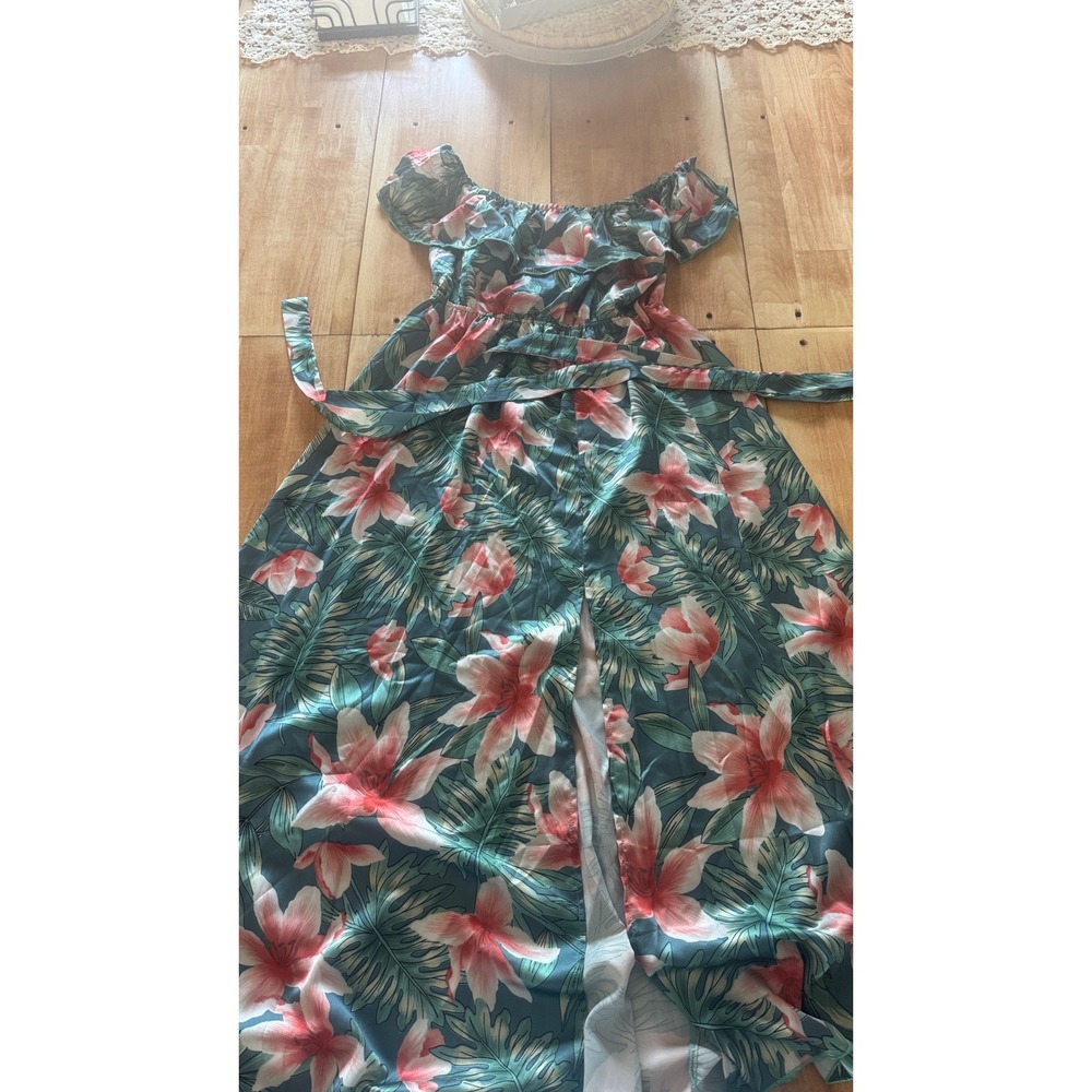 SHEIN Tropical Floral Off Shoulder Maxi Dress Large Green Pink Palm Slit‎ Boho